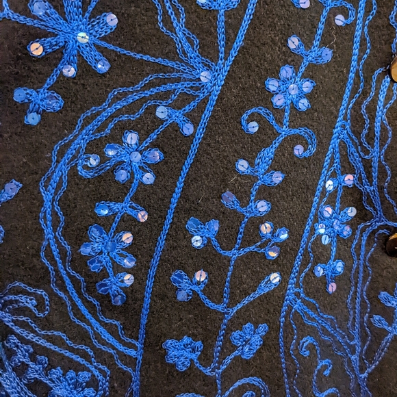 Metro Style wool black blue embroidered coat jacket with sequins Large - Picture 6 of 7